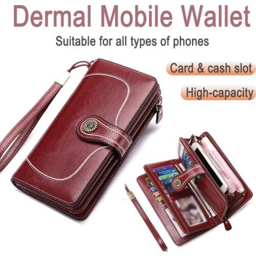 New Oil Wax Cowhide Large Capacity Leather Wallet Long Women Mobile Cell Phone Case Genuine Leather Luxury Bag For Smart Phone