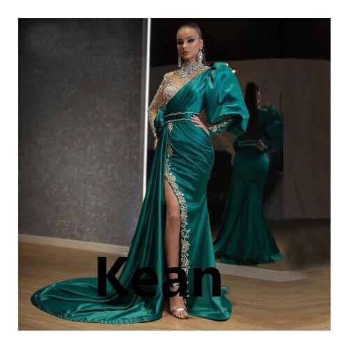 One Sleeve Emerald Green Slit Evening Dress Applique Satin Dubai Arabic Saudi Arabian Prom Dress Custom Made Plus
