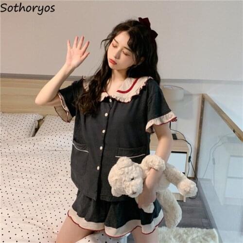 Pajama Sets Women Soft Kawaii Ruffles Short Sleeve Turn-down Collar Homewear Korean Style Fashion Button Up Two Piece Set Female