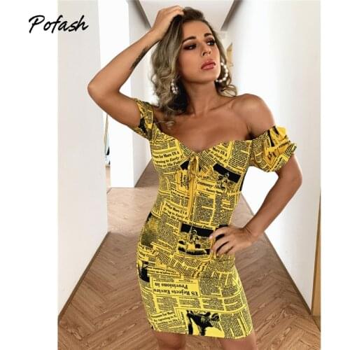 Pofash Yellow Newspaper Letter Print Summer Dress Women Off Shoulder Sexy Backless Tie Mini Dress Bodycon Dresses 2021 Vestidos