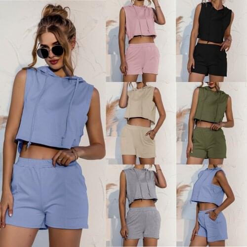 Casual Solid Sleeveless Hooded Crop Top And Shorts Suits 2021 Summer Shorts Sportswear Two 2 Pieces Sets Athleisure Outfits Suit