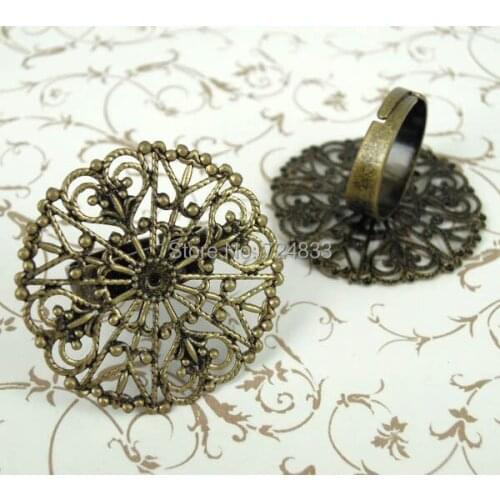 Blank Bezel Ring bases w/ 31mm Circle Hollow Filigree Flower tray Pads Adjustable Ring Settings Antique Bronze tone