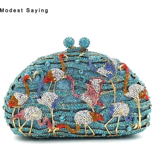 Luxury Blue Bling Flamingo Crystal Wedding Party Handbags 2018 Formal Sparkly Prom Evening Purse Dolly Bag Wedding Accessories