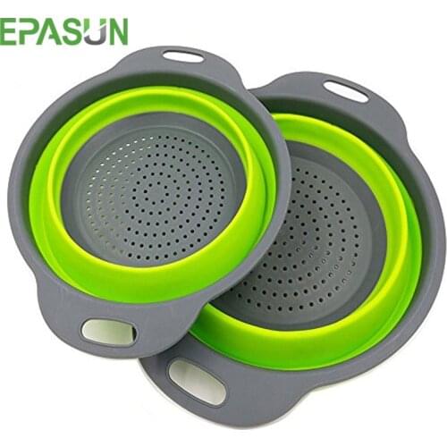 Folding PP Silicone Washing Basket Kitchen Foldable Colander Fruit Vegetable Collapsible Strainer Drainer With Handle Tool