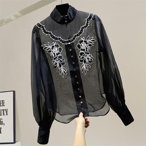 Vintage Embroidered Flowers Blouse Womens Stand Collar Single-Breasted Perspective Organza Sexy Temperament Ladys Shirt Tops