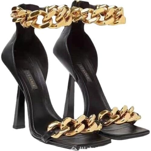 Large Size Womens High Heels 2021 New Metal Chain Word With Square Head Open Toes Sandals Pumps Nightclub