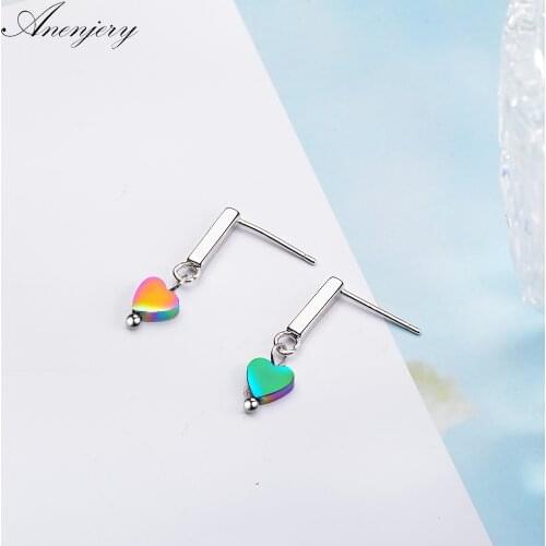 ANENJERY 925 Sterling Silver Sweet Fashion Colorful Stone Love Heart Earrings For Women S-E722