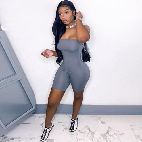 Off The Shoulder Cleavage Skinny Playsuit for Women Slash Neck Short Sleeve Fitness Romper Streetwear Solid One Piece Overalls