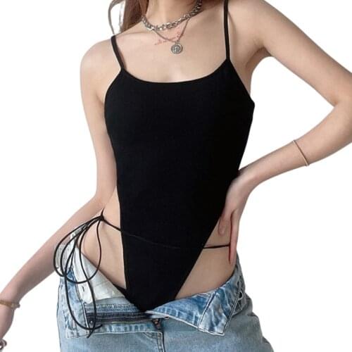Women Summer Bodysuit, Solid Color Ribbed Spaghetti Straps Tied High-Waist Slim Backless Sexy Playsuit for Girls Summer 2021