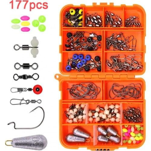 177pcs Texas Fishing Kit Including Crank Hook Fishing Beads Sinker Weights Snaps Rolling Swivel Connector Bass Perch Sea Rock