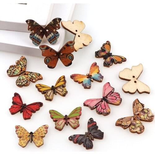 50PC 2 Holes Natural Color Butterfly Wooden Buttons Fit Sewing And Scrapbooking Sewing Buttons For Craft DIY Mixed