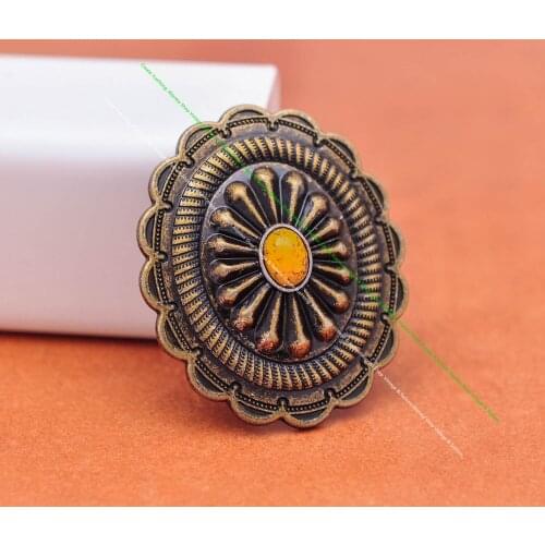 6pc 44*38mm Indian Ethnic Flower Southwest Yellow Bead Leather bag Luggage bag Western Belt Handbag Oval Concho Screwback