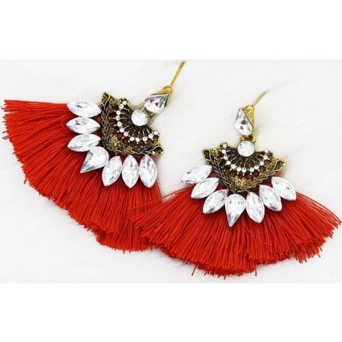 Bohemian Rhinestone Red Tassel Earrings for Women Ethnic Big Fringe Drop Earrings Long Dangle Earrings Wedding Jewelry Wholesale