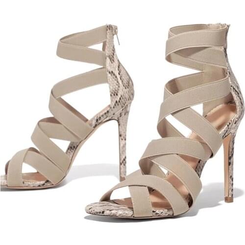 Summer Women Thin Heels Sandals Sexy High Heels Gladiator Cross-Tied Sandalias Snake Pattern Roman Pumps Ladies Shoes