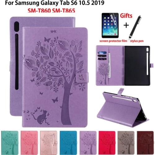 Case For Samsung Galaxy Tab S6 10.5 Cover SM-T860 SM-T865 T860 T865 2019 Funda Tablet Cat Tree Embossed Flip Stand Shell +Gift