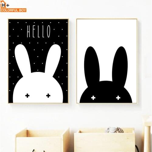 Black White Rabbit Wall Art Canvas Painting Nordic Posters And Prints Cartoon Wall Pictures Girl Baby Baby Kids Room Home Decor