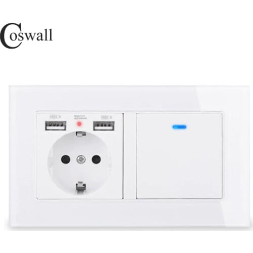 COSWALL Russia Spain EU Standard Wall Socket 2 USB Charge Port + 1 Gang 1 Way On / Off Light Switch LED Indicator Glass Panel