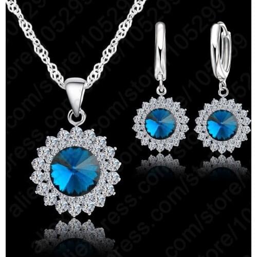 Energetic Sunflower Crystal Pendant Necklace Earrings Woman Bridal Wedding Jewelry Set 925 Sterling Silver Fast Shipping