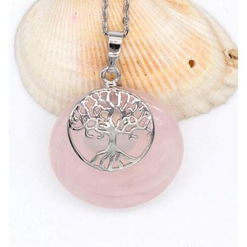 KFT Silver Plated Natural Healing Crystal Round Rose Pink Quartz Stone Pendants Tree of Life Pendant Necklace Link Chain Jewelry