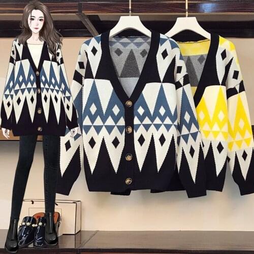 Plaid Plus Large Size Oversize Korean Style Fashion Cardigan For Autumn WomenS Clothing Ladies Sweater Winter 2021 Women Tops