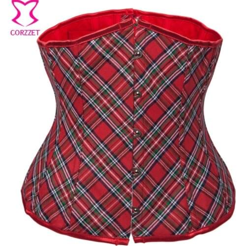 Red Plaid Underbust Corset Lace Up Back Waist Cincher Corsets and Bustiers Burlesque School Girl Costume Sexy Gothic Lingerie