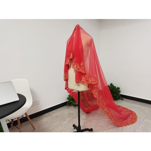 Red One tier Cathedral Wedding Veil Red Lace Sequins Shinning Bridal Veil No Comb Veil
