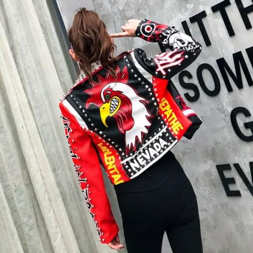RED soft pu leather coats Women cartoon Print Leather Jacket Turn-down collar Punk Rock Cropped Jackets faux leather coat Y513
