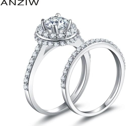 925 Sterling Silver 4 Prongs Wedding Bridal Ring Sets Halo Sona Round Cut Engagement Anniversary Bridal Ring Sets Gifts
