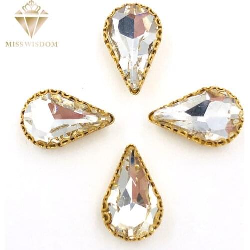 NEW hot 8X13mm Clear white teardrop sew on rhinestones gold base lacy claw glass crystal pear shape rhinestones Diy accessories