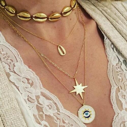 Bohemian Gold Color Metal Shell Necklace for Women Cowrie Charm Evil eye Star Pendant Beach Boho Summer Necklaces Jewelry Collar