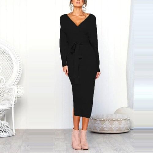 Sexy V-Neck Black Knitted Sweaters Dress Women Fashion Elegant Batwing Sleeve Tie Up Bodycon Dresses Batwing Sleeve Party Dress