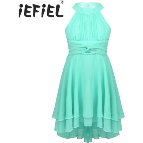 Kids Teenage Girls Halter Pleated High-Low Hem Flower Girl Dress Princess Pageant Wedding Bridesmaid Party Chiffon Tulle Dress