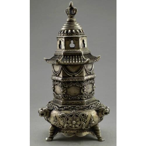 Elaborate China Old ancient Collectible Tibetan silver handmade tower statue incense burner