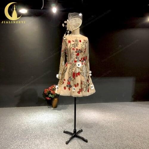 Rhine Real Zuhair Murad Nude Long Sleeves Beads Flowers Knee Length Party Dresses Prom dresses