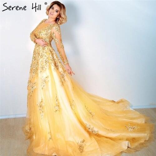 Luxury Champagne Diamond Sequined Train Evening Dresses Long Sleeves Photography 2020 Serene Hill HA2033
