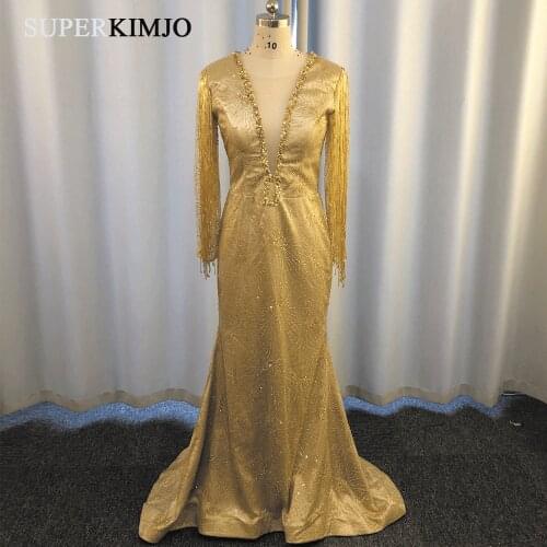 SuperKimJo Vestido De Festa Longo Tassel Gold Evening Dresses Long 2020 Mermaid Sparkle Deep V Neck Evening Gowns