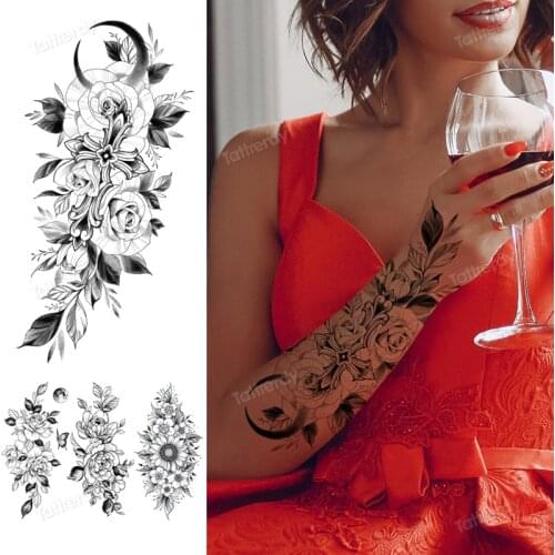 Tattoo flower sleeve temporary tatoo for women girls sexy sketch flowers tattoo sticker peony rose sunflower snake tattoo wrist