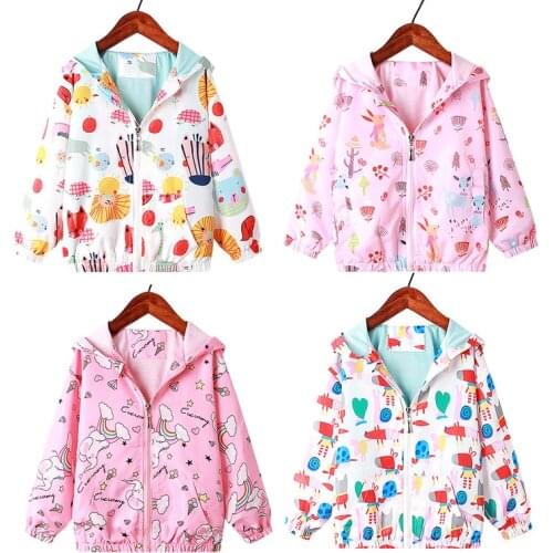 1-10 Yrs Spring Jacket for Girls Pink Floral Coats Hooded Rainbow Pattern Kids Clothes Outerwear Kids Autumn Girls Windbreaker