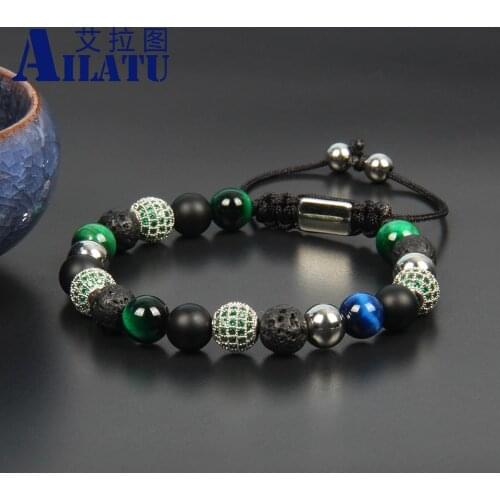 Green Cz Macrame Bracelet Men Natural Tiger Eye Stone Jewelry Stainless Steel Logo Beads Top Quality Drop Shipping Bangle