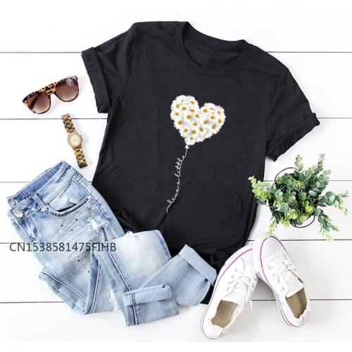 XS-4XL Summer Clothing Little Daisies Heart Print T Shirt Women Crew Neck Short Sleeve Tees TShirt Soft Premium Women Tops