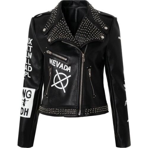 Spring Punk Rock Rivet Leather Jacket Women Letter Black Jacket and Coat Graffiti Motorcycle Colthes Motorcycle Colthes
