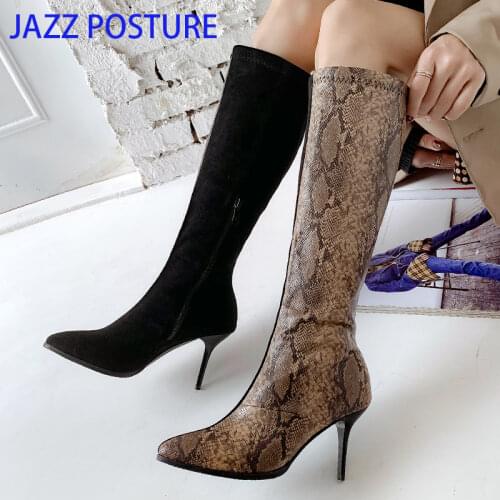 Women Zipper Boots Snake black Knee Boots High heels Fashion Pointed toe Ladies Sexy shoes 2020 New Boots size 34-43 z204