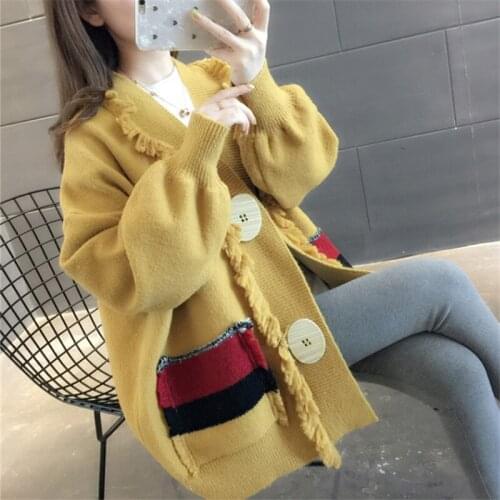 Women Autumn V Neck Patchwork Long Cardigan Sweater Coat 2019 New Plus Size Long Sleeve Loose Pull Femme Knitted Tops W1362