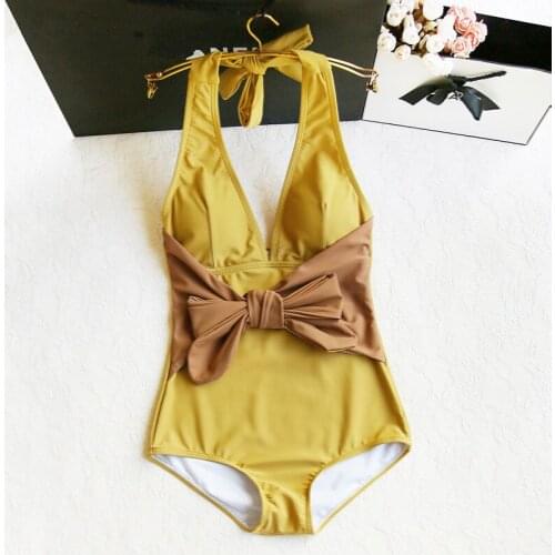 Retro pure color swimsuit ladies sexy deep V-neck expose back Tether bow high waist slim slimming hot spring swimsuit one piece