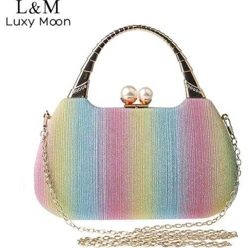 Women Sequin Evening Clutch Purse Bag Gold Silver Luxury Designer Handbag Pearl Diamond Banquet Party Chain Shoulder Bag X614H