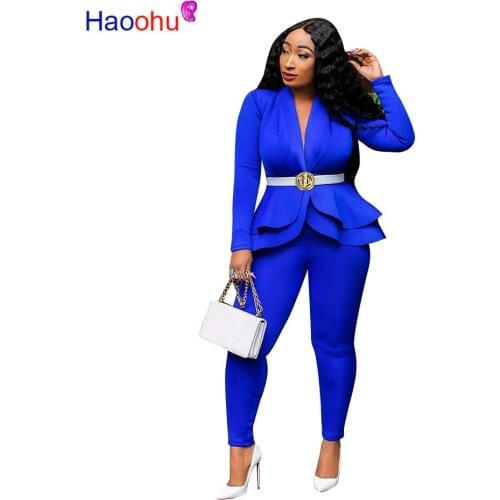 HAOOHU Women Winter Womens set Tracksuit Full Sleeve Ruffles Blazers Pencil Pants Suit Two Piece Set Office Lady Outfit uniform