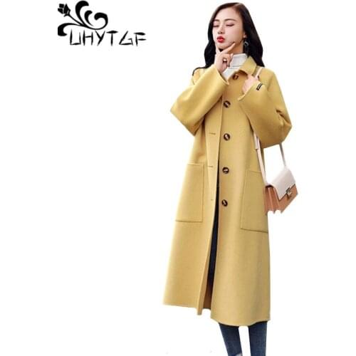 UHYTGF Womens Autumn woolen coat Single-breasted Loose plus size outerwear solid color high quality Wool jacket abrigo mujer 765