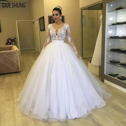 EJUE SHUNG Modest Ball Gown Wedding Dresses Long Sleeves V Neck Illusion Appliques Zipper Back Bridal Dresses Vestido De Novia