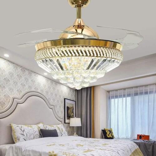 42 Inch Invisible Crystal Ceiling Fan with LED Light and Remote, 4 Retractable ABS Blades Fan Chandelier for Bedroom Diningroom
