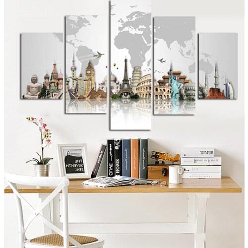 5Panel Print Modular Wall Painting Famous Buildings Canvas Art Taj Mahal Statue of Liberty Big Ben Sofa Picture for Living Room